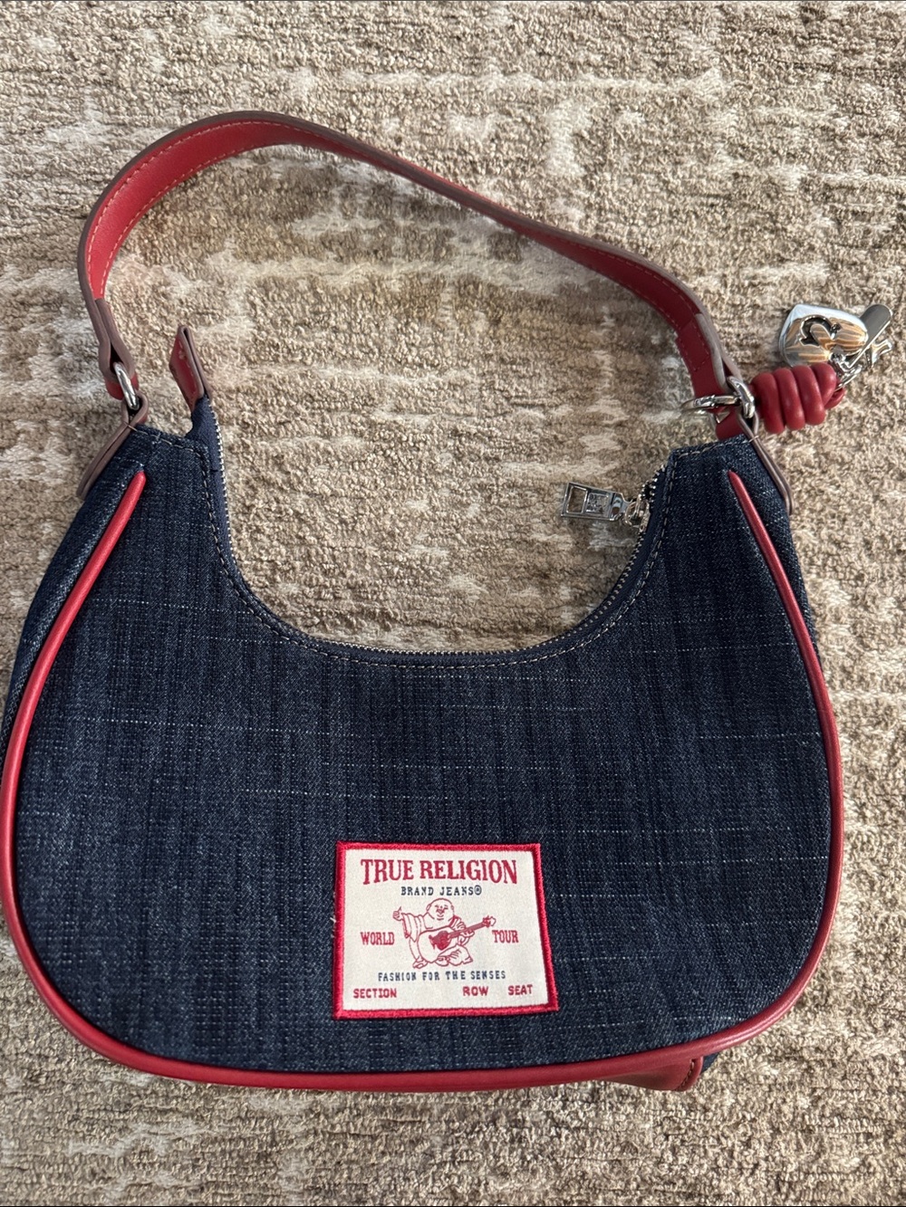 True Religion Navy Denim Shoulder Bag with Red Trim - Picture 2 of 5